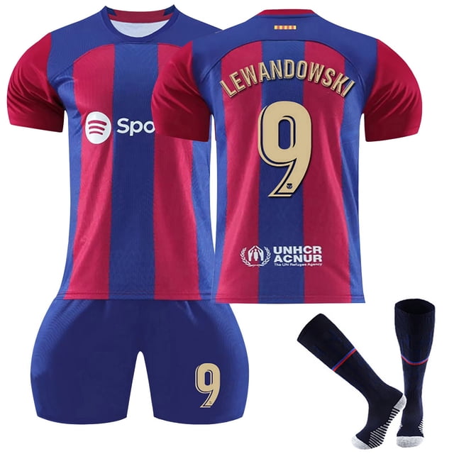 GZSL 2324 Barcelona Home Football Training Kit, Number # 9 Soccer Jersey, Colorful Short-Sleeve Adult Football Jersey with Gold Lettering Three-Piece Set/M