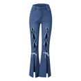 thumbnail image 4 of Gibobby 18 más Pantalones de cintura alta con botones y banda delgada para mujer, pantalones con agujeros, pantalones (Dark Azul, M), 4 of 5