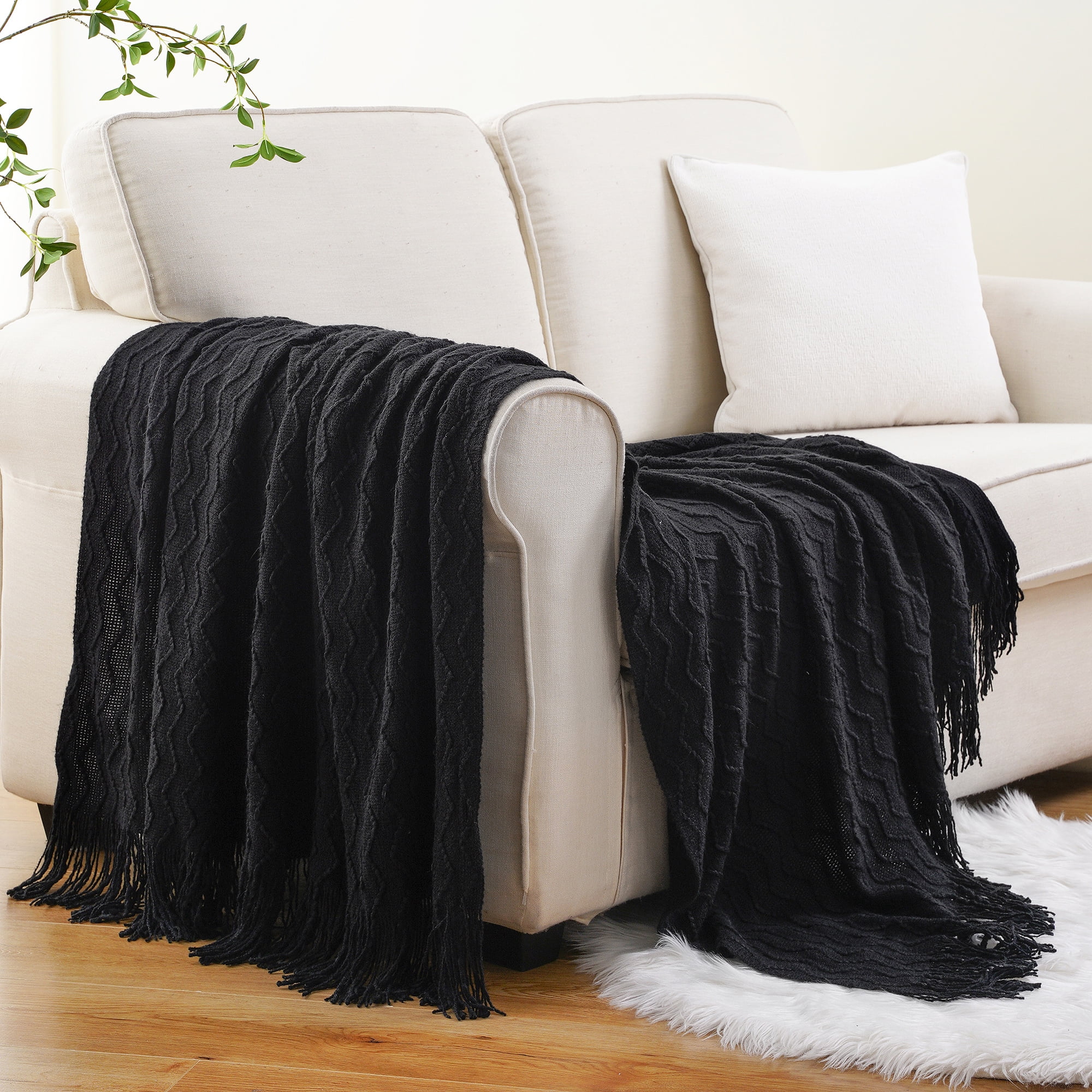 Battilo Black Knit Throw Blanket, Boho Decorative Blanket for Bed, Sofa, Living Room,50"x60"