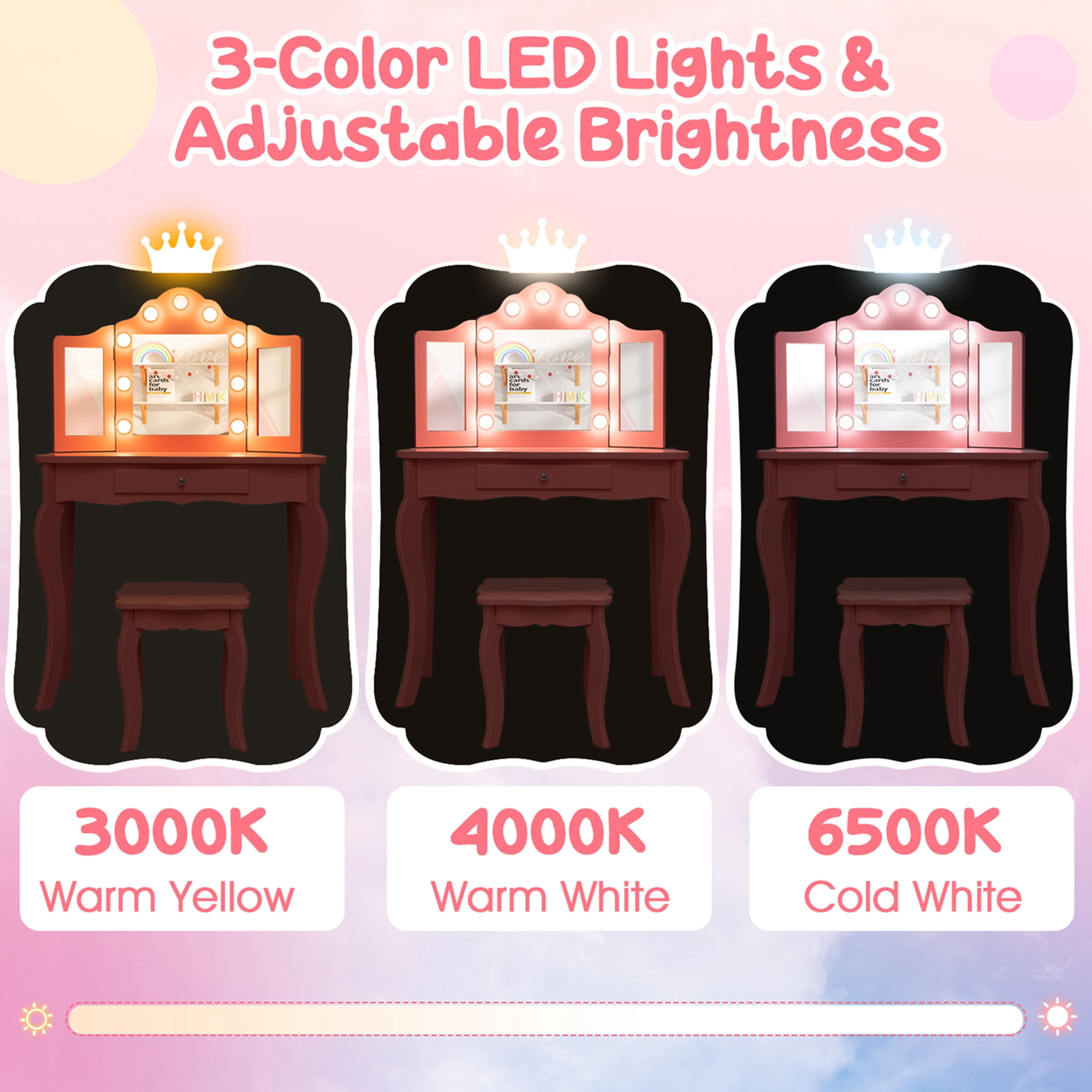 Costway Kid Vanity Table Stool Set Tri-Folding Mirror Adjustable 3-Color LED Lights Pink
