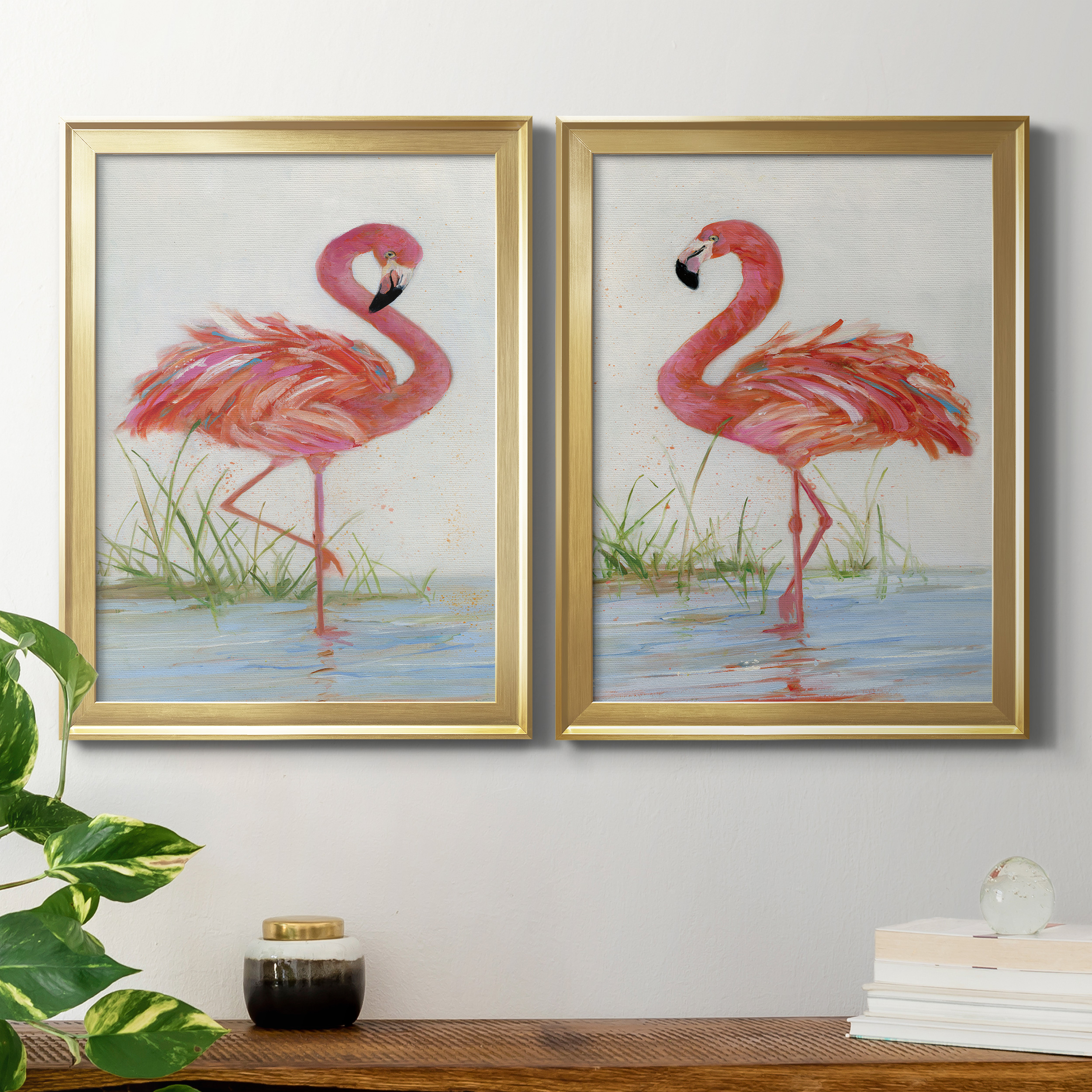2 Piece Set Flamingo I Premium Framed Canvas - Ready to Hang - 22.5 x 30.5 Each - Gold Frame