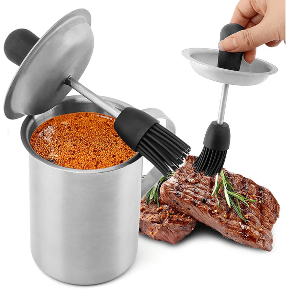 Sauce Pot and Basting Brush Set, BBQ Sauce Container Cooking Gifts, Meat Baster Set, Barbecue Gadgets Grill Accessories, Silicone Basting Brush for Cooking