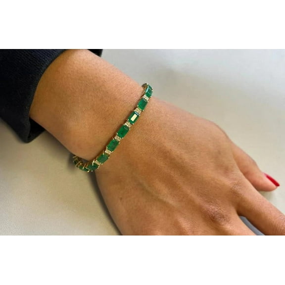 925 Emerald Cut Emerald with diamond Tennis Bracelet/ 14K Gold plated Emerald Bracelet/ Genuine Emerald Bracelet, women gift for her