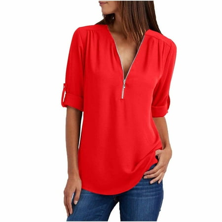 

Womens Tops Zipper V Neck Chiffon Blouse Hide Belly Tunic Pleated Long Sleeve Business Shirts to Wear with Jeans