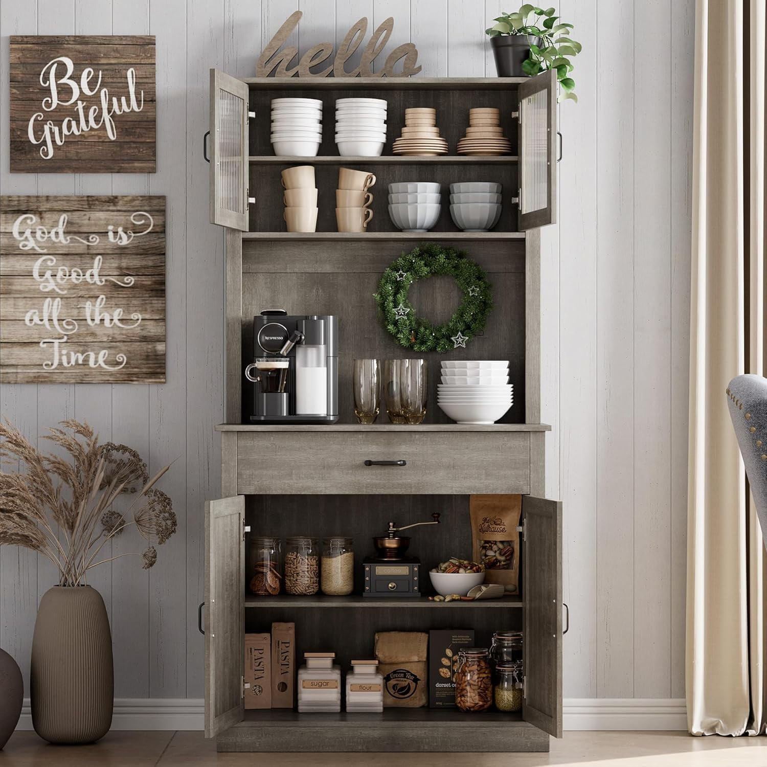 Kitchen Pantry Cabinet with Microwave Stand, 71”Freestanding Tall Kitchen Cabinet with Doors and Shelves for Dining Room, Rustic Gray