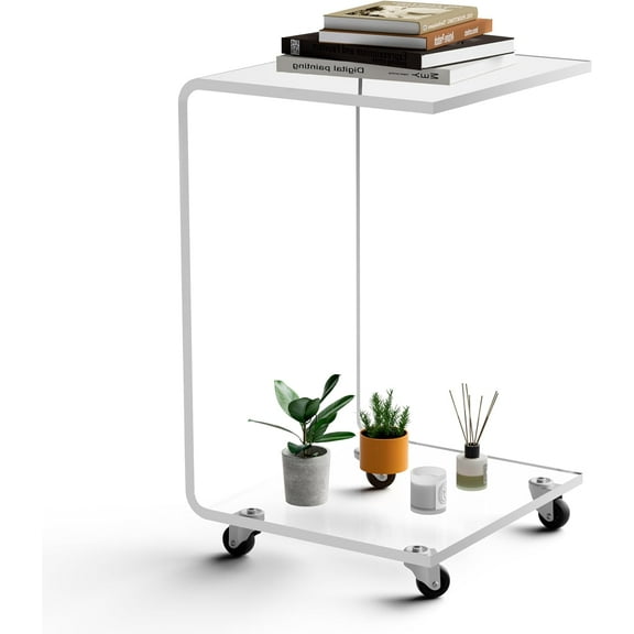 C-Shape Acrylic Side Table with Wheels,13.8" L x 13" W x 22" H x 1/2" Thick Clear End Table,Transparent Nightstand with Waterfall Edges,Modern Lucite Side Table for Living Room