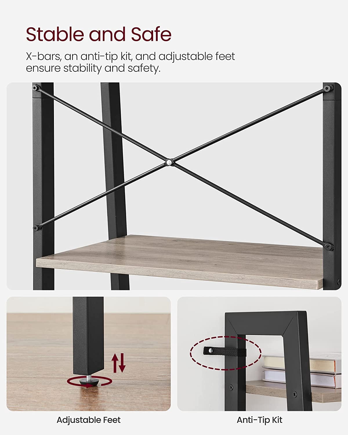 4-Tier Ladder Shelf Ladder Bookshelf Bookcase Storage Rack with Steel Frame Greige and Black