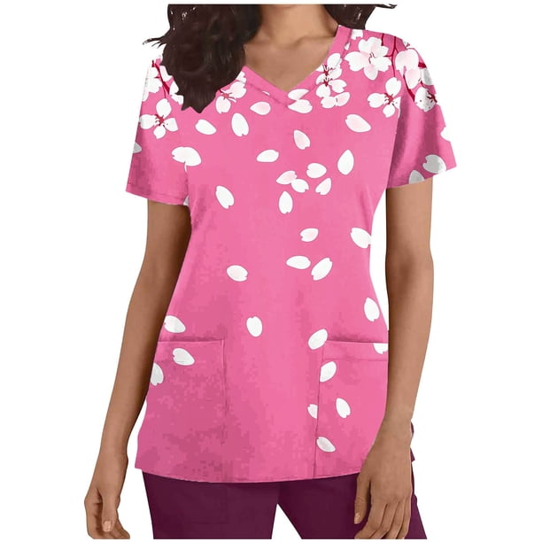 Mujeres Manga Corta Tops Casual V-Cuello Impreso Manga Corta de Bolsillo Superior Poliéster, Ropa de Enfermería de Moda para el Uso Diario Del Hogar