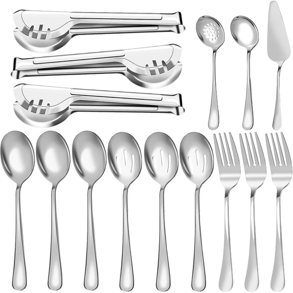 15-Piece Serving Set - Large Spoons, Forks, Tongs, Ladle, Cake Server & Slotted Spoon for Buffet Catering, Dishwasher Safe