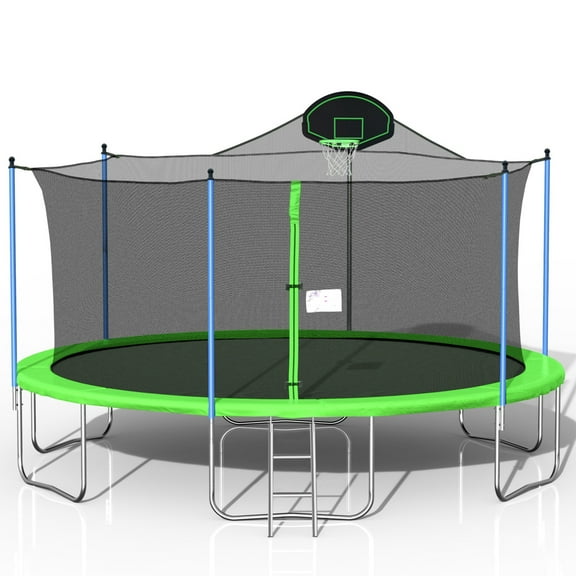 Triple Tree Outdoor Trampoline with Basketball Hoop and Ladder, Green, 189.00" x 189.00" x 130.30"