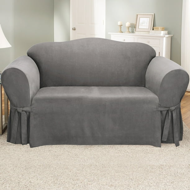 SureFit Suede with Ties and Cinched Seat Elastic One Piece Loveseat