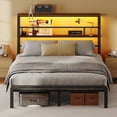 thumbnail image 4 of Patbrela Queen Size Bed Frame with 49.2-Inch LED High Headboard and 2-Tier Storage, Metal Platform Bed, Black, 4 of 9