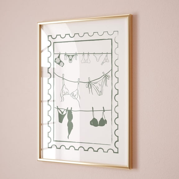 Trendy Sage Green Hanging Bikini Clothesline Wall Art Poster: Coastal Cowgirl Girly Beachy Decor, Unframed Canvas Size 8x12