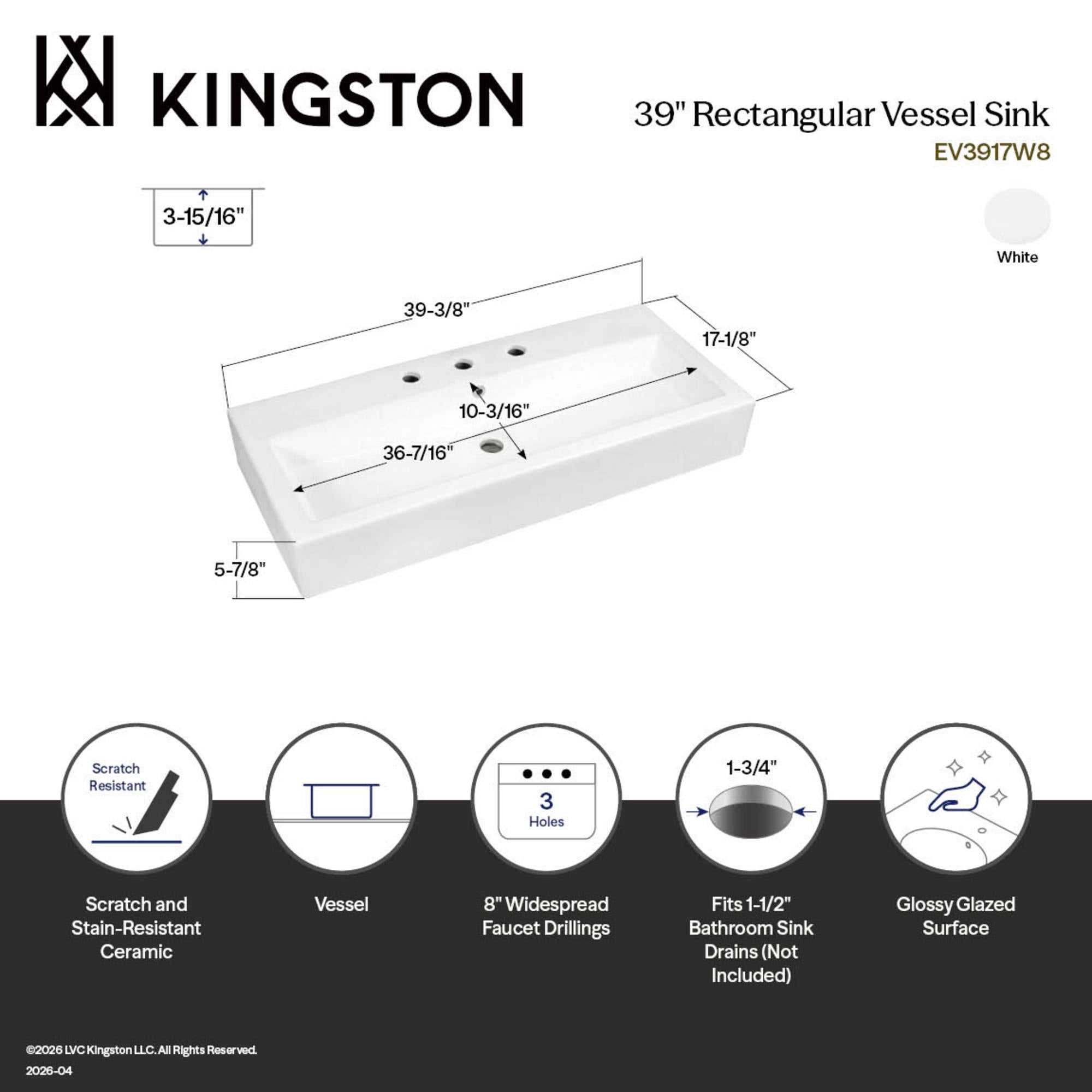 Kingston Brass EV3917W8 Anne 39-Inch Ceramic Rectangular Vessel Sink (8-Inch Centers) in White