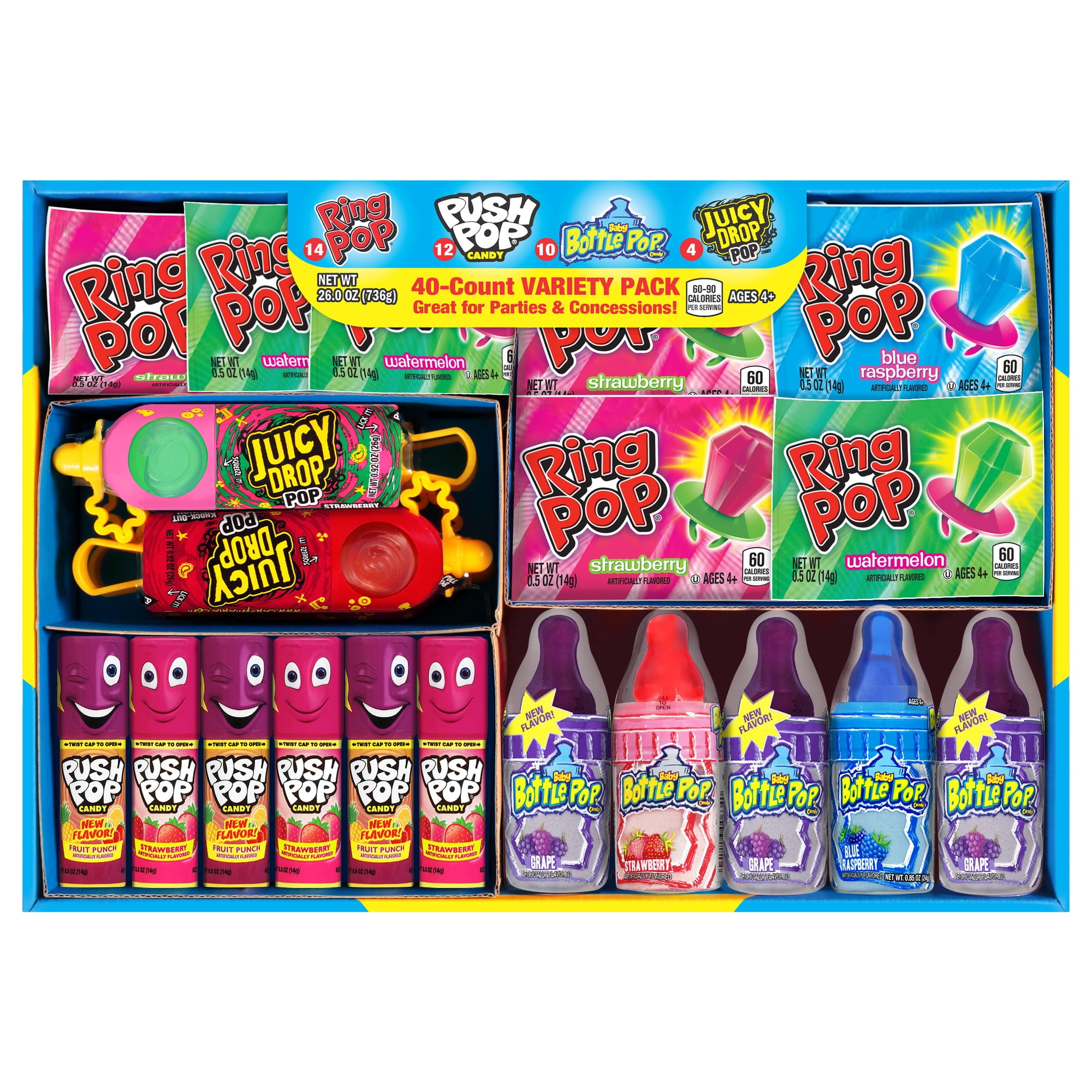 Ring Pop, Push Pop, Baby Bottle Pop, Juicy Drop Pop, Lollipop Variety Pack, Bulk Candy, Assorted Flavors, Party & Sharing Size, 26 oz, 40 Pieces