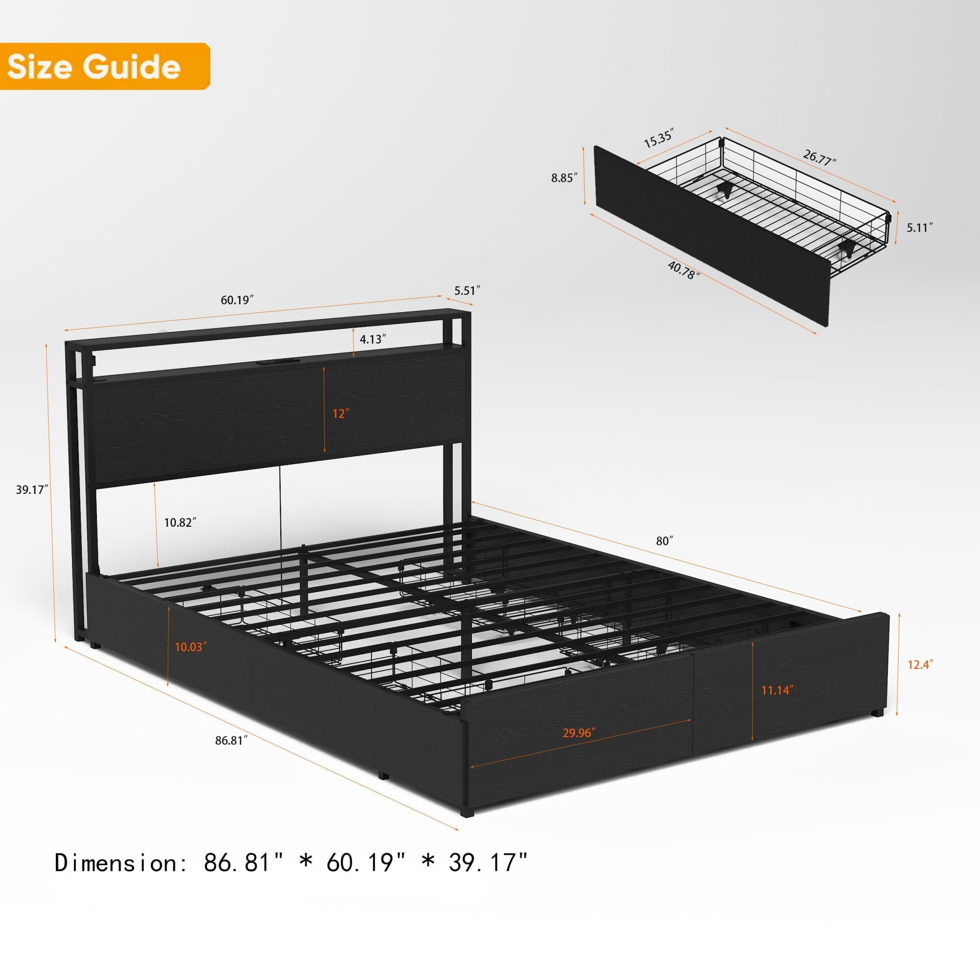AENKYO Queen Size Bed Frame with LED Lights & 6 Drawers, Storage Headboard with Charging Station, Noise Free, Black