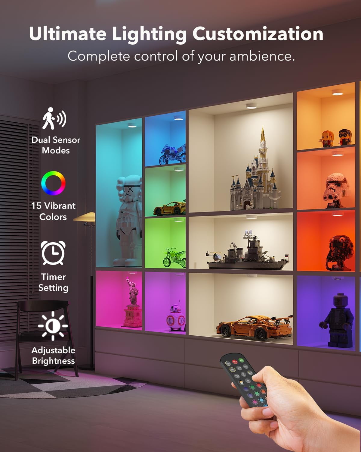Radar Motion Sensor Puck Lights with Remote Control, RGB Rechargeable Wireless Under Cabinet Lighting for Kitchen, Magnet Stick on LED Closet Lights, Cordless Night Light Counter, Stair, Bookshelf
