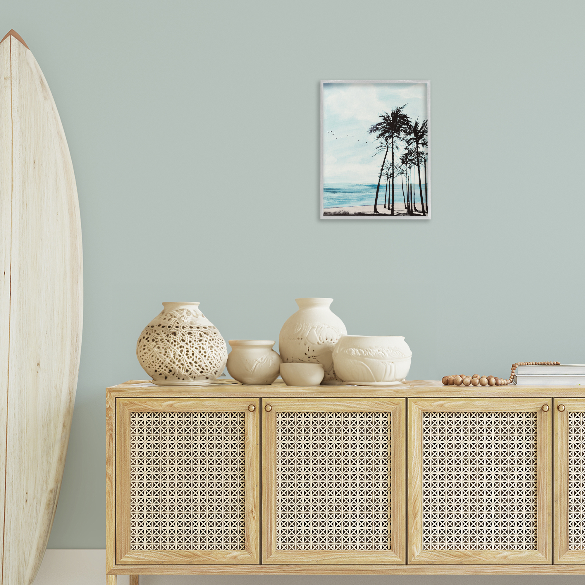 Stupell Industries Summer Beach Silhouette Coastal Painting Gray Framed Art Print Wall Art, 16 x 20