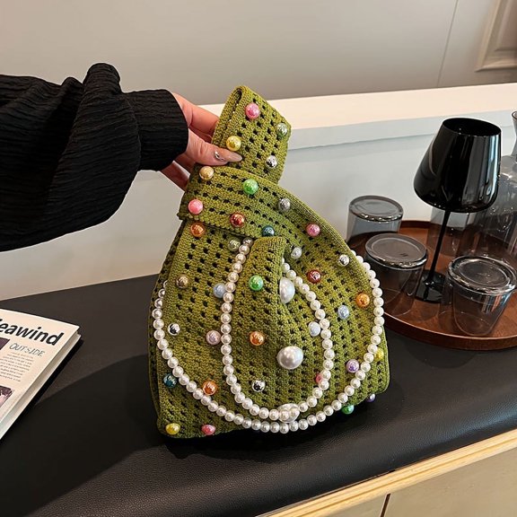 JUYGO Handbag For Women Handmade Woven Bag Hollowed Out Casual Small Carrying Bag Vest Shoulder Crossbody Bag With Faux Pearl Chain