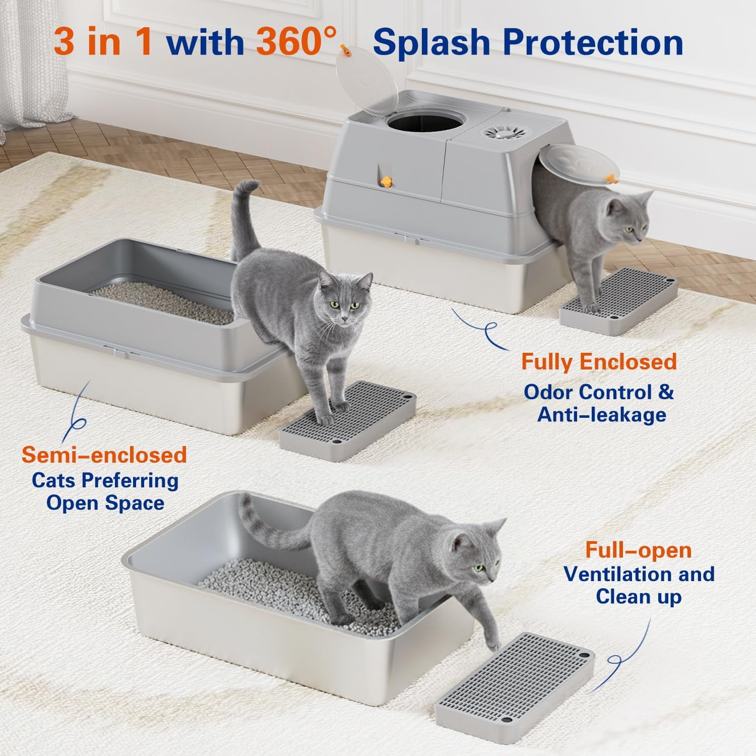 Stainless Steel Litter Box with Lid,Front Entry Top Exit Kitty LitterBox,Extra Large Enclosed Metal Cat Box with Litter Scoop & Litter Mat-Light Gray