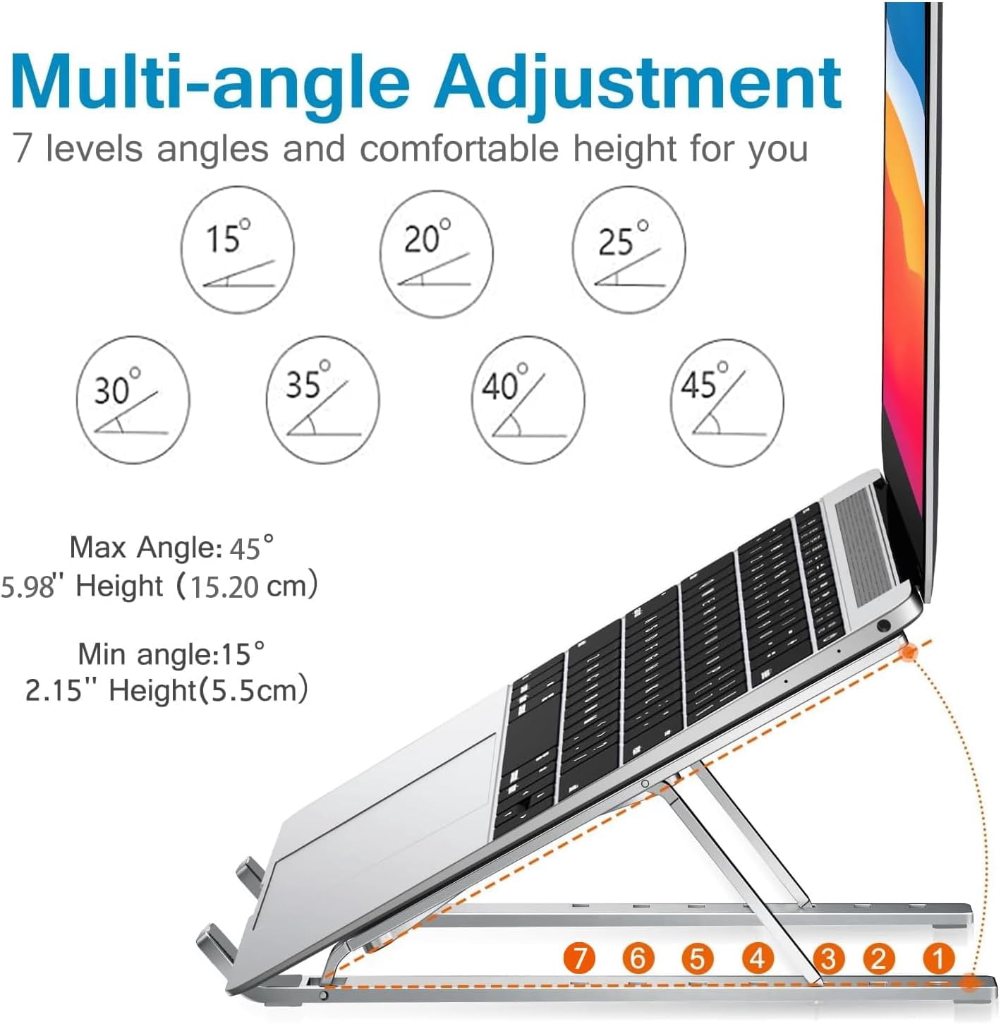 Ergonomic 7-Levels Angles Adjustable Computer Stand, Portable Laptop Stand for Desk, Aluminum + Silicone Foldable Ventilated Cooling Notebook Holder Stand for 10-17.3” Laptops, Tablets（Black）