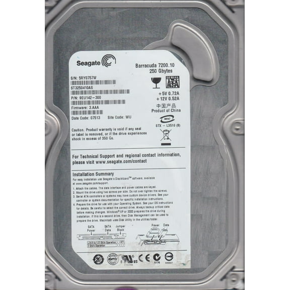 ST3250410AS, 5RY, WU, PN 9EU142-300, FW 3.AAA, Seagate 250GB SATA 3.5 Hard Drive
