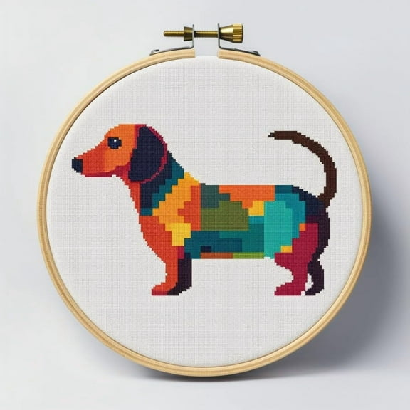 Stamped Cross Stitch Kits with Hoop for Starter Kits Vibrant Color Dachshund DIY 11CT Pre-printed Patterns Needlepoint Embroidery Needlework Kit for Home Decor 38x38cm (88)
