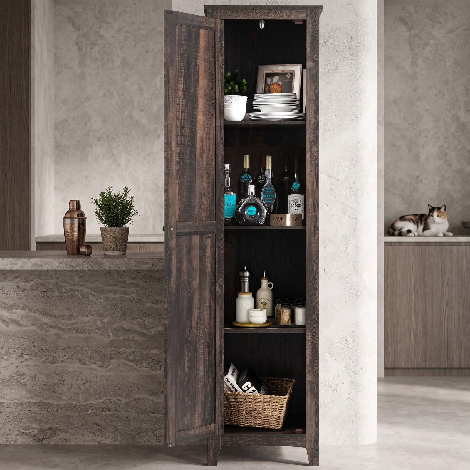 ALPULON Linen Tower Bathroom Storage Cabinet, Tall Slim Freestanding Floor Organizer with 4 Shelves and Enclosed Door, Narrow Anti-Tip Side Storage for, Walnut