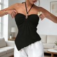 thumbnail image 4 of Domzest Womens Asymmetrical Hem Halter Tank Top Slim Fit Blackless Metal Ring Front Ruched Top Summer Tie Up Cami Tank Black M, 4 of 7