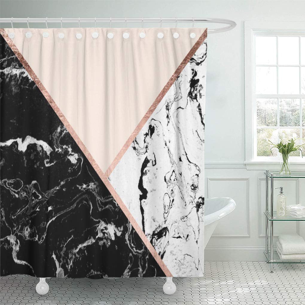 Suttom Pink White Elegant Rose Marble, Black White Gold Shower Curtain