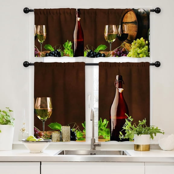 Red Wine Kitchen Curtains and Valances Set 3 Piece,Grapes Glasses Window Curtains Valance and Tier 36 Inch Length Retro Window Treatment Tiers for Living Room Window Decor