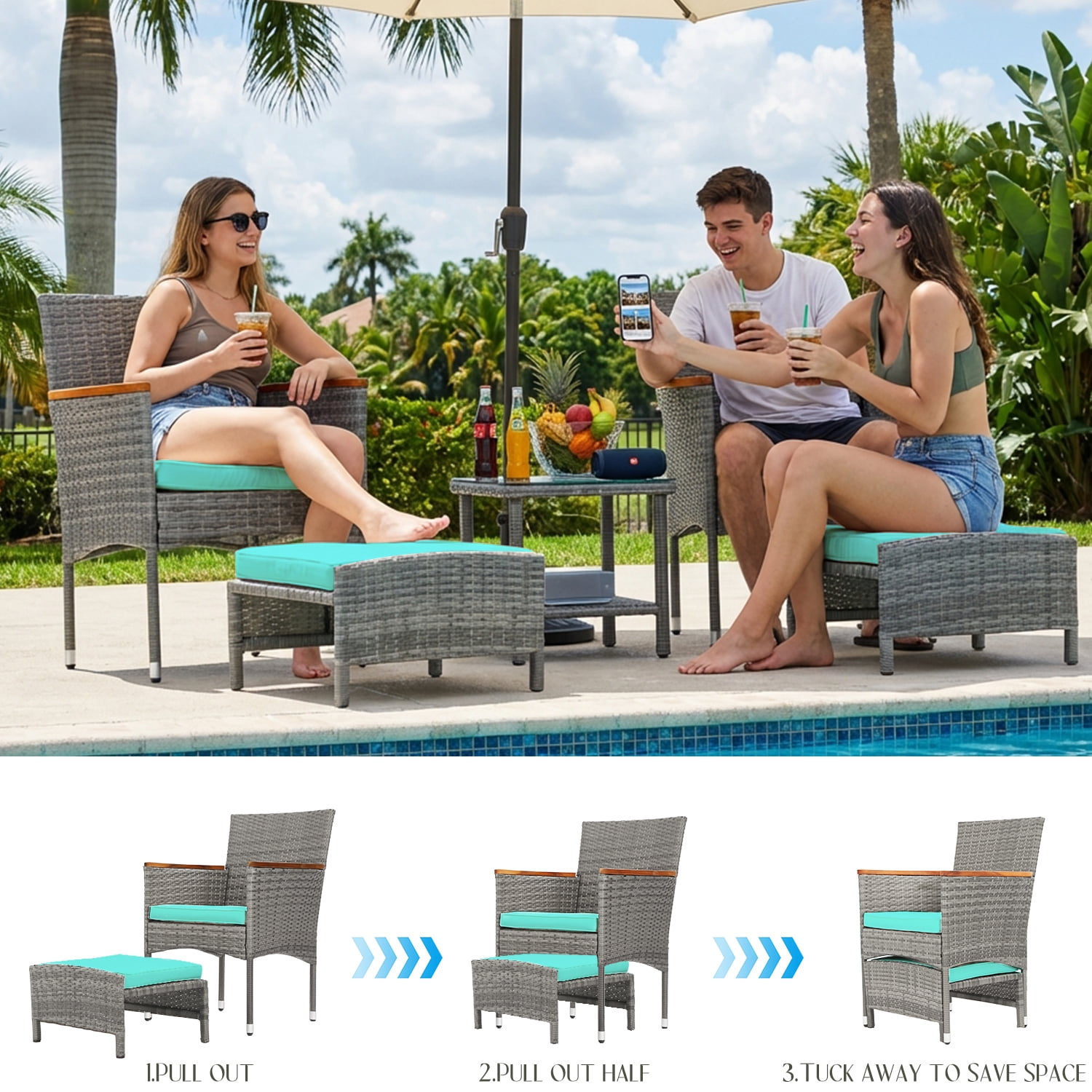 5 PCS Outdoor Patio Furniture Set with Table&Ottoman Outdoor Furniture Patio Set Bistro Wicker Patio Set (Gray Wicker&Green Cushion)