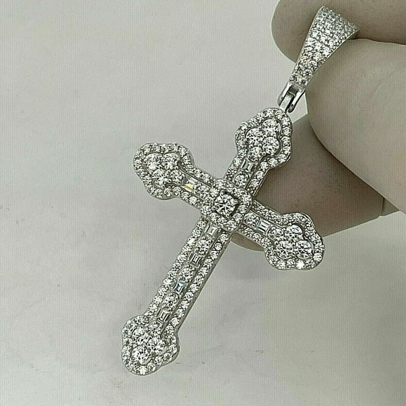 2CT Round Cut Lab Created Diamond Cross Men's Pendant 14K White Gold Plated Sterling Silver 18" Free Chain
