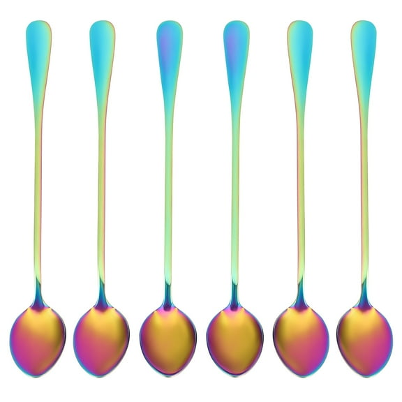 Coffee Teaspoons, Set of 6 Rainbow Color Spoon Long-Handle Ice Cream Desert Cocktail Stir Spoons Mixing Spoon, Pointed Head
