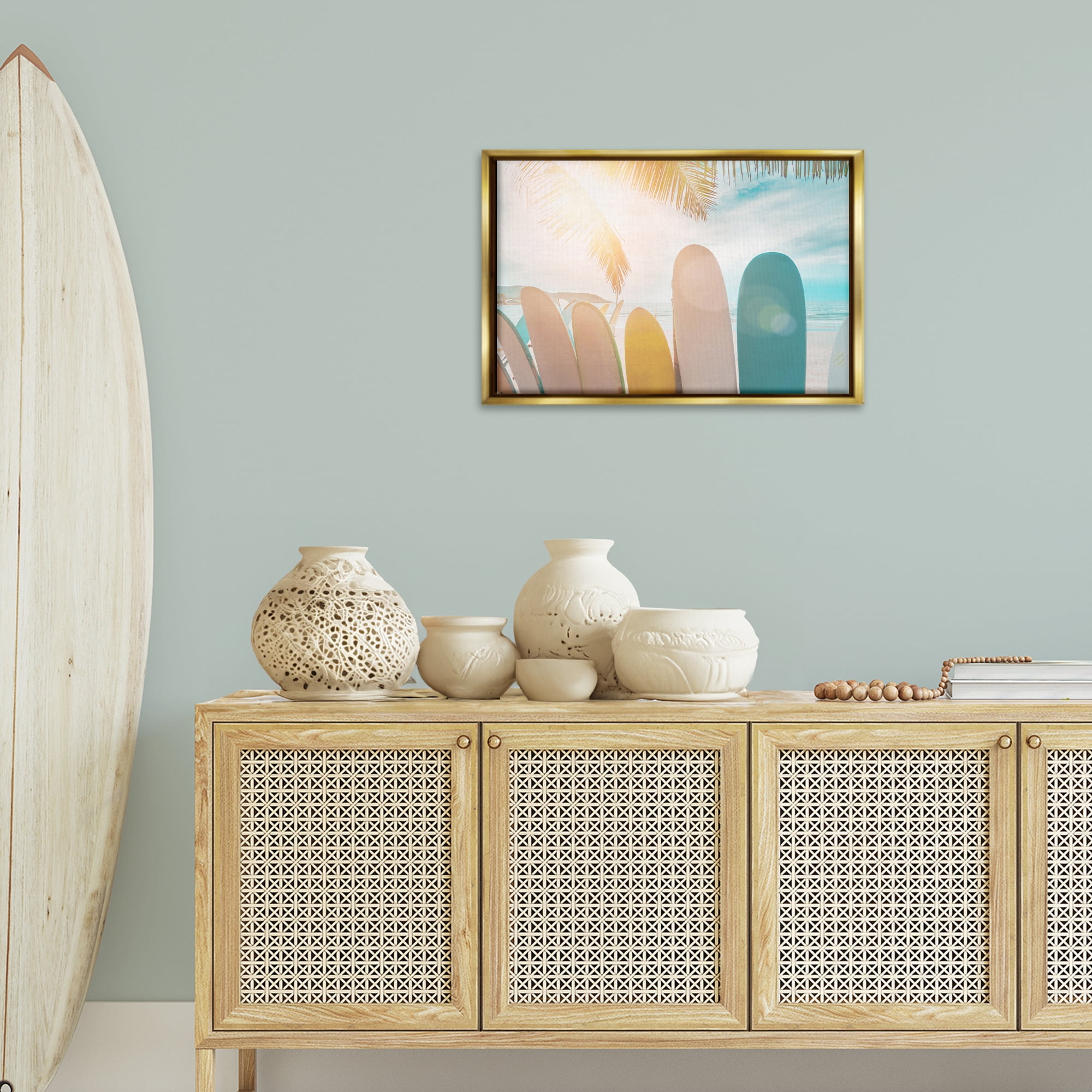 Stupell Industries Sunny Beach Surfboards Sports Photography Gold Floater Framed Canvas Art Print Wall Art, 25 x 17
