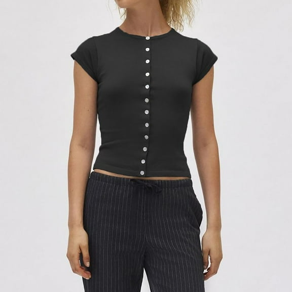 Women Button Down Ribbed Short Sleeve Shirts Fitted Knit Cropped Cardigan Sweaters Black M