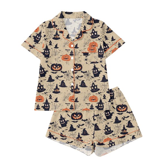 Bobifish Toddler Girls Halloween Print Sleepwear Sets Short Sleeve Collared Button Down Top&Shorts Nightwear Kids Girls Sets