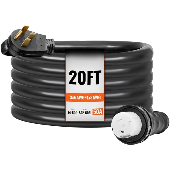 50 Amp Generator Cord and Power Inlet Box Kit, 20FT, NEMA 14-50P/SS2-50R STW 6/3 8/1 AWG Generator Power Cord with Twist Lock Connector, Pre-Drilled Inlet Box for Generator to House, ETL Listed
