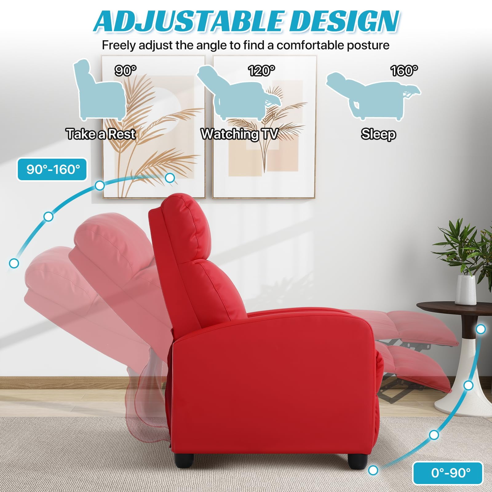 NiamVelo Recliner Chair for Adults, PU Leather Recliner Sofa with Lumbar Support, Adjustable Modern Reclining Chair with Padded Seat Backrest for Home, Living Room, Theater （Red）