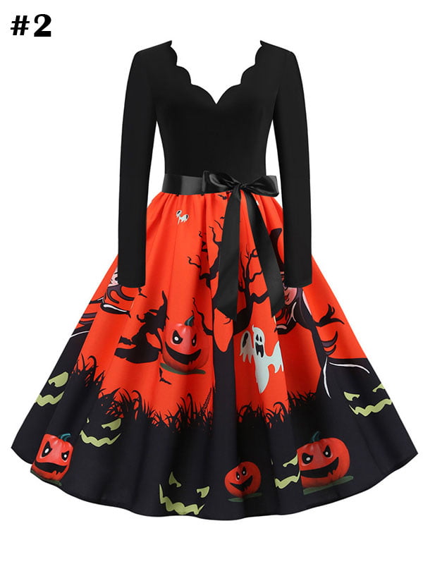 HULKY Womens Skeleton Skull Halloween Dresses Short Sleeves Casual A-line Flare Skater Party Costume Midi Halloween Pumpkin Dress