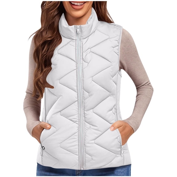 Women's Lightweight Quilted Puffer Vest - Sleeveless Stand Collar Zip Up Warm Gilet, Soft Loose Cute Outerwear with Pockets (Fall/Winter/Early Spring)