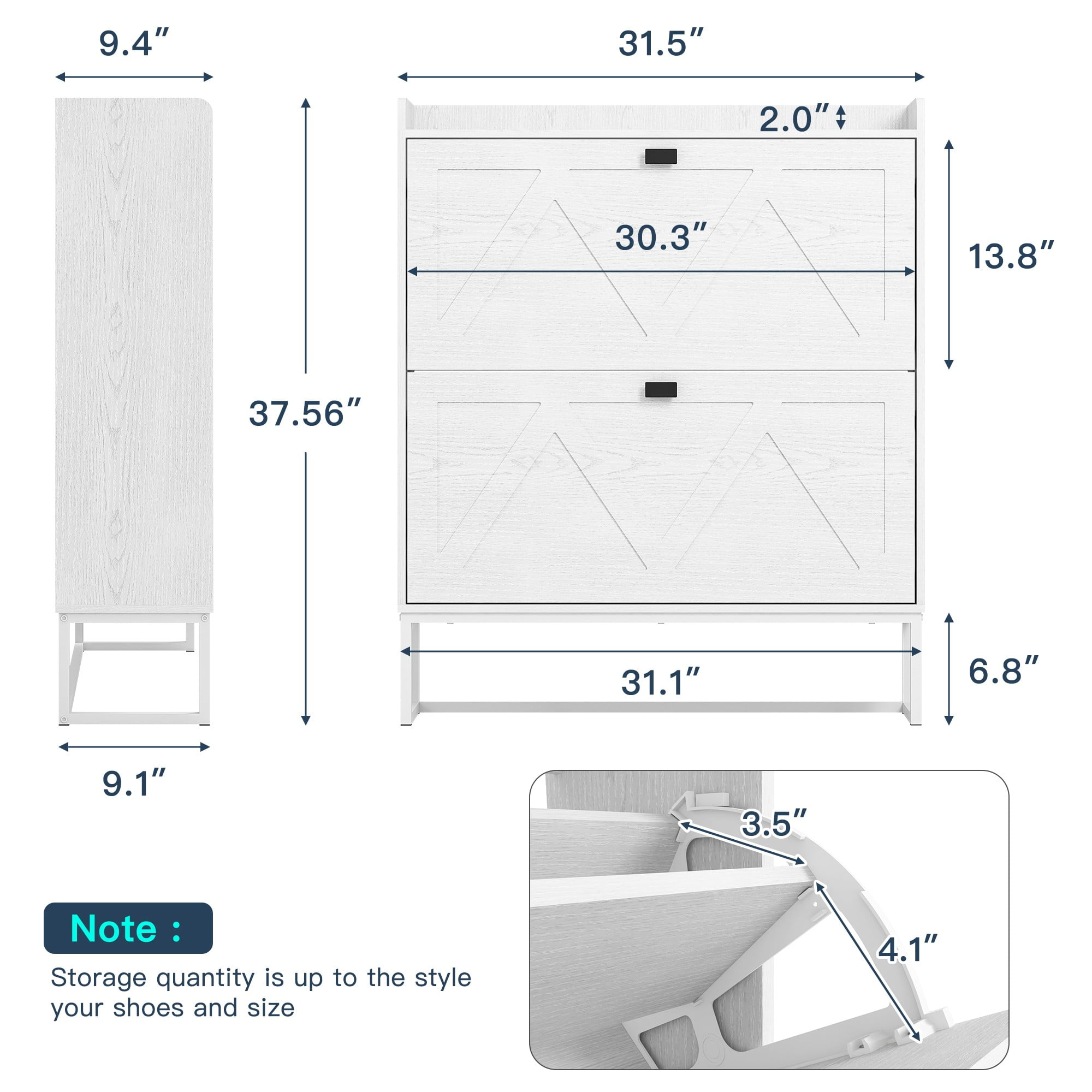 Finihen Shoe Storage Cabinet with 2 Flip Drawers, Freestanding Organizer with Metal Legs for Entryway, Narrow Shoe Rack Cabinet, White