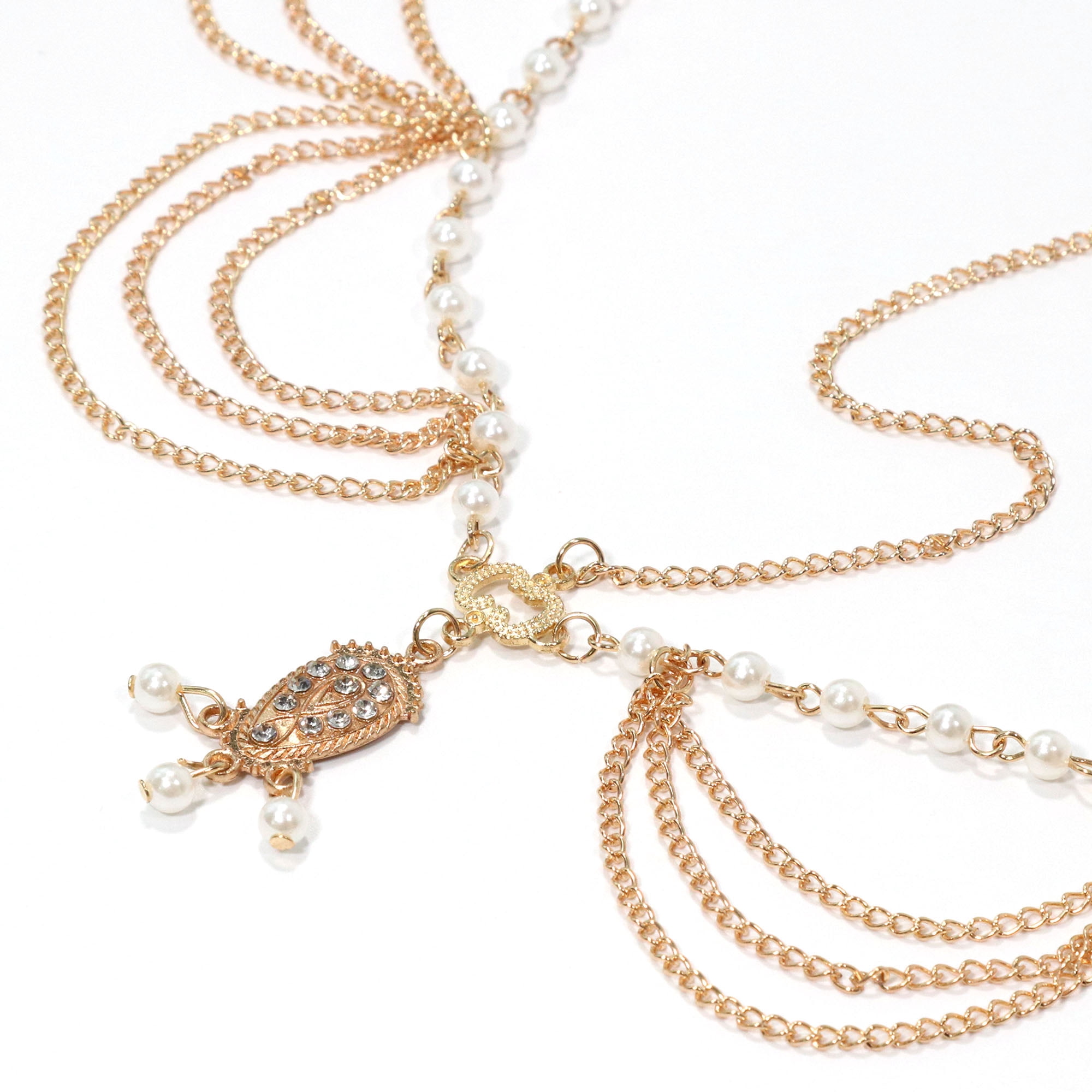 Unique Bargains Headpiece Faux Pearls Tassels Head Chain Gold Tone 1 Pc