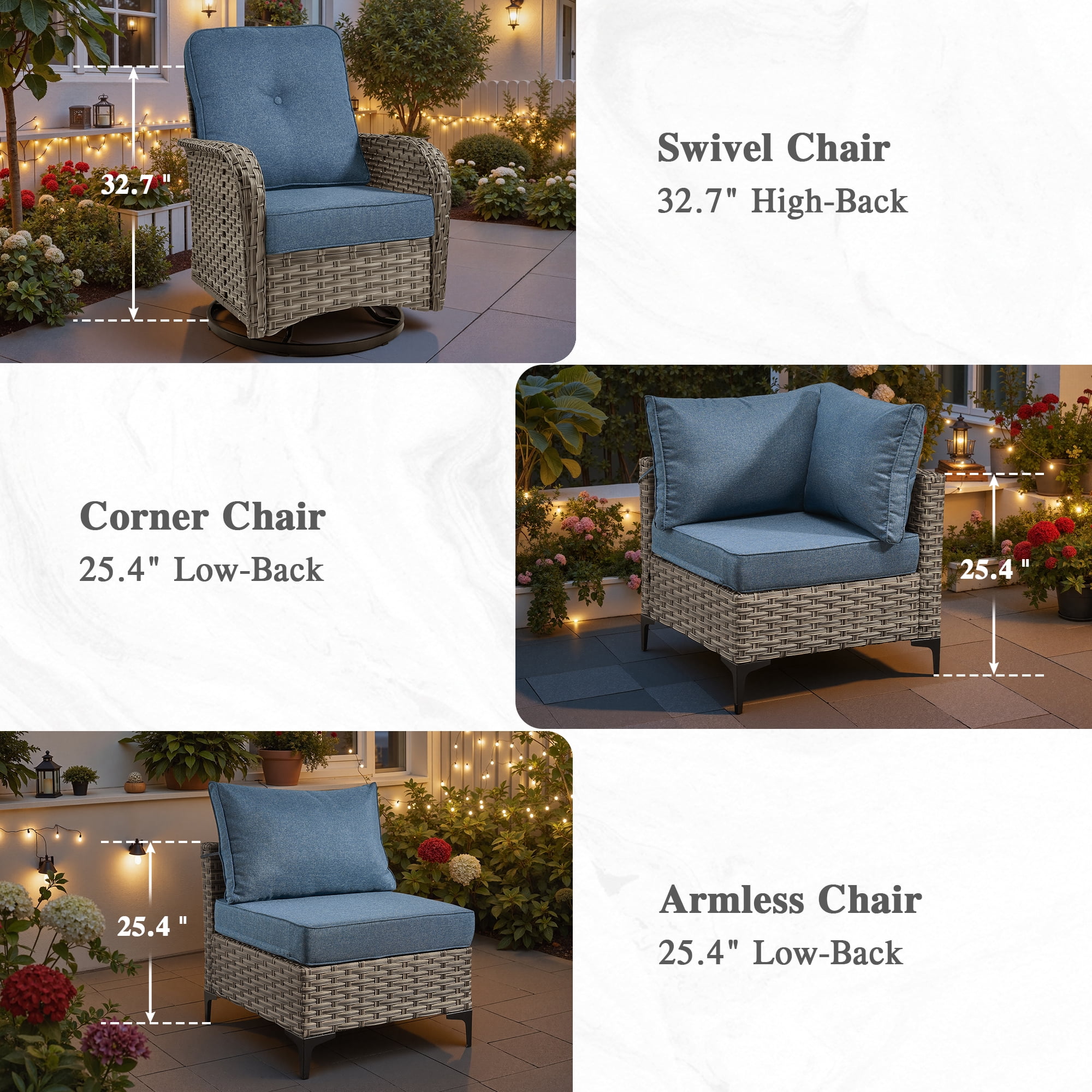 Ovios 10 Pieces Outdoor Patio Furniture All-Weather Wicker Sectional Conversation Set with Swivel Chairs & Solar Coffee Table, Denim Blue