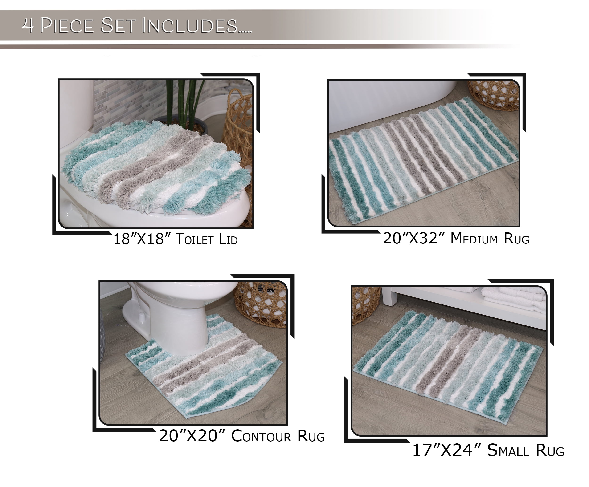 Bathroom Rugs Set of 4, Soft Microfiber Bath Mats, Absorbent & Quick Drying, Non-Slip Rubber Backing, Machine Washable Bathroom Floor Mats for Tub, Shower, Sink – 17x24, 20x32, 20x20, 18x18 Turquoise