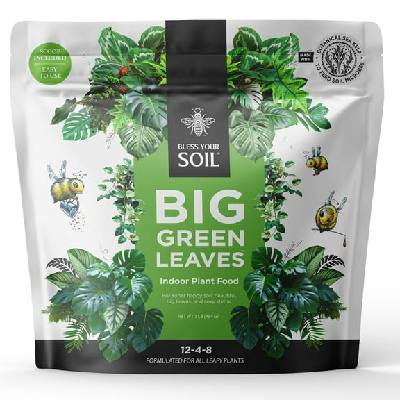 Big Green Leaves Indoor Plant Food – 4X Concentrated Houseplant Fertilizer with Sea Kelp – Makes 90 Gallons – Fast-Acting Mineral Formula, Made in USA (1 lb)