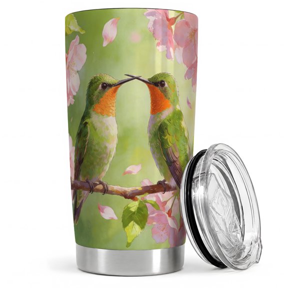 Hummingbird Pair Cherry Blossom 20oz Tumbler, Hummingbird Tumbler, Drinkware for Home Office Travel, Green Birds on Branch With Pink Flowers, Spring Nature Art Cup, Bird Lovers Women