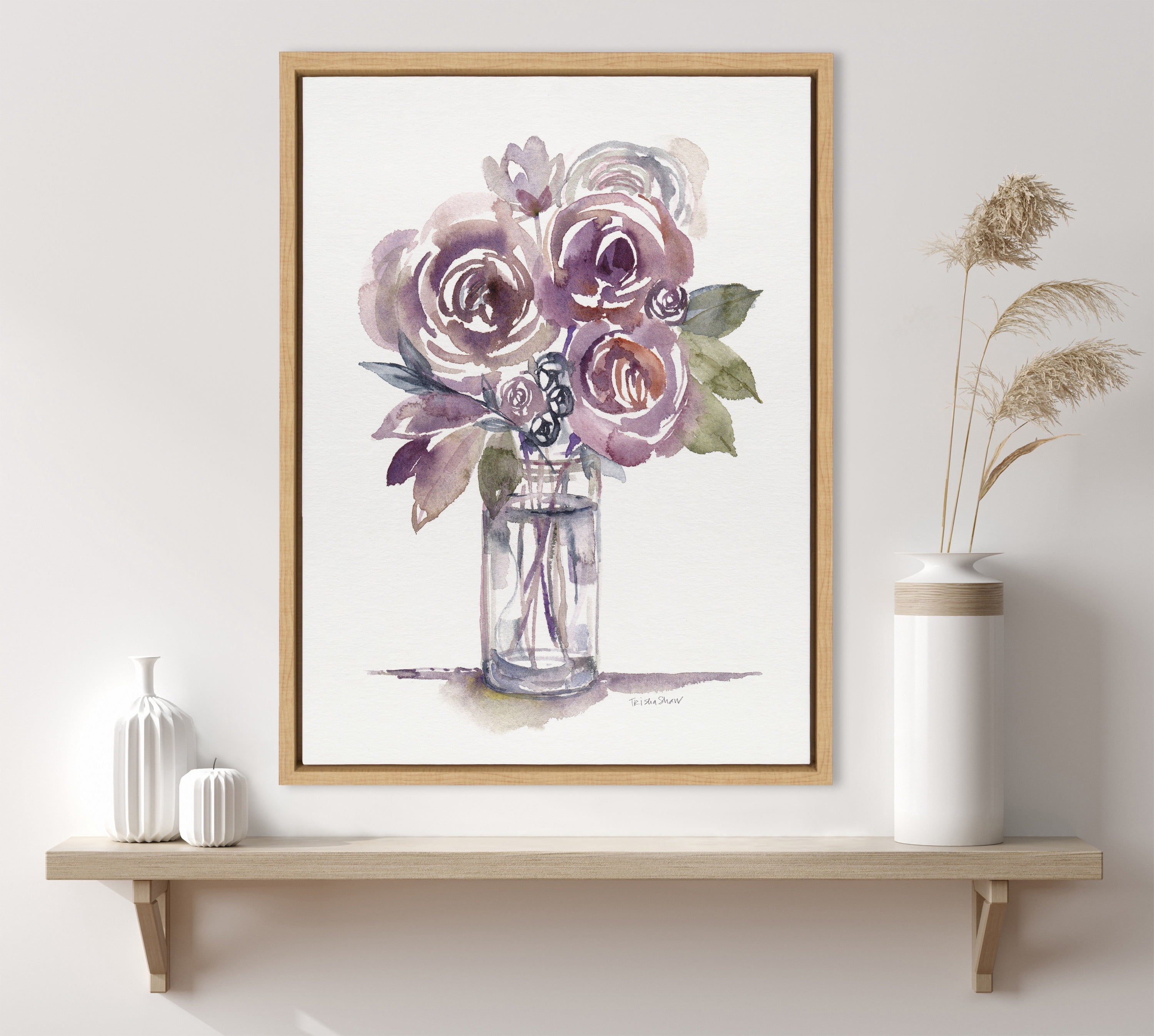 Woven Paths Sylvie Warm Purple Palette Florals Framed Canvas Wall Art by Patricia Shaw, 18x24 Natural, Minimalist Botanical Wall Décor