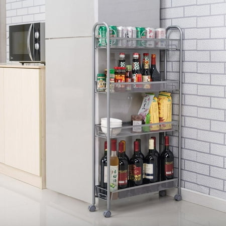 Out Storage System Ktaxon 4-Tier Rolling Cart Gap Kitchen Slim Slide Out Storage Tower Rack with Wheels,4 Baskets,Cupboard ()