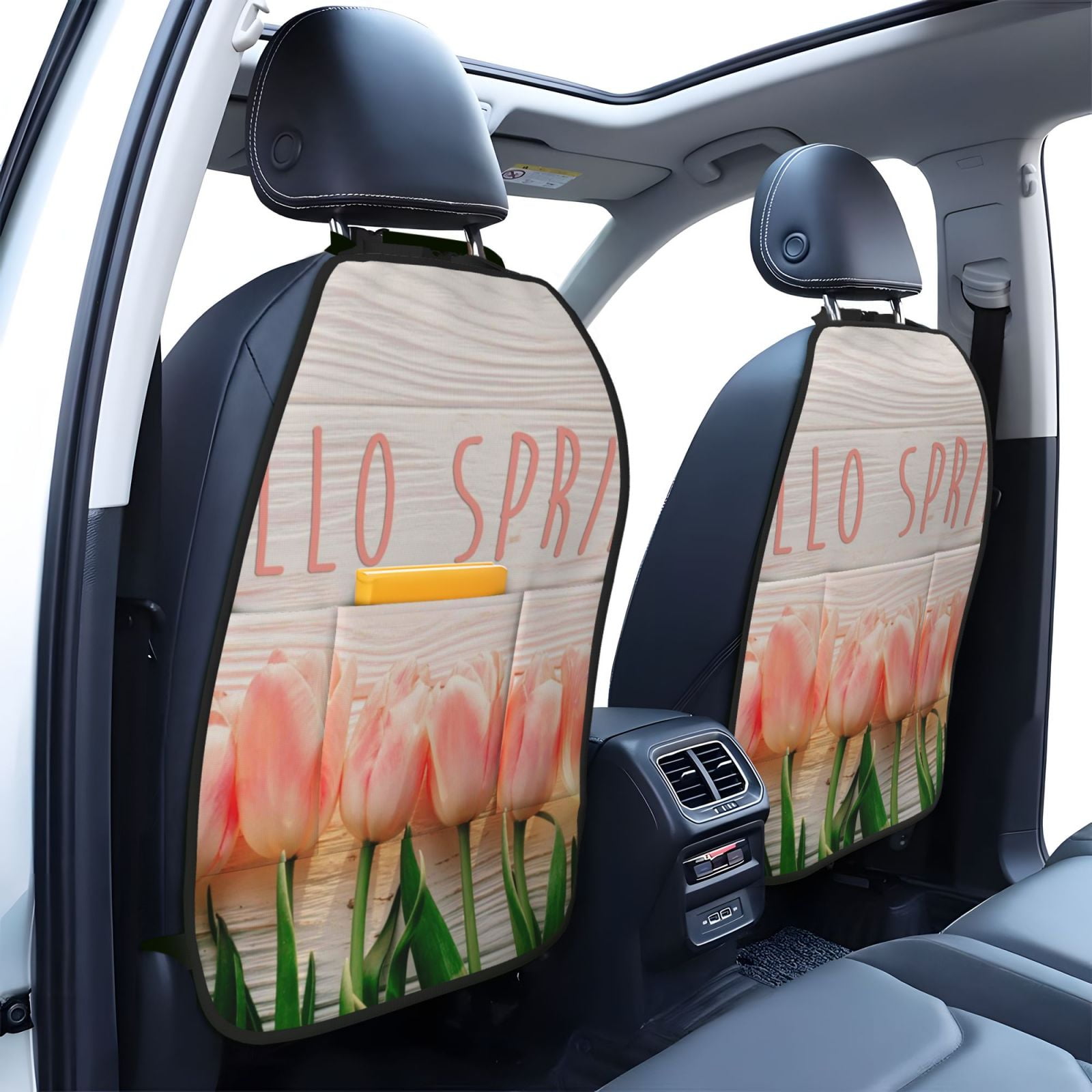 Xecao Hello Spring Pattern Car Seat Back Protector 2 Pack Large Capacity Pocket, Kick Mats Back Seat Protector